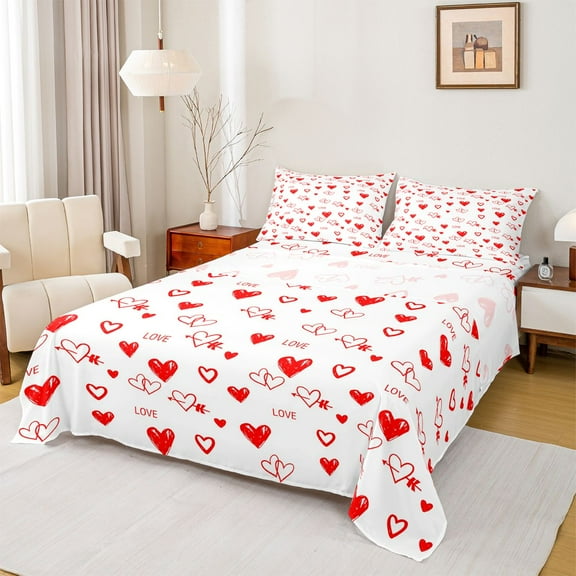 Manfei Graffiti Hearts Loves Twin Sheet Sets,Valentine Gift Twin Fitted Sheet,Red White Flat Sheet For Girls Kids,Luxury Bedroom Decor,3pcs