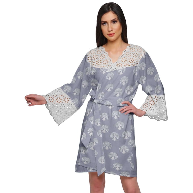Moomaya Printed Cotton Venice Lace Bridesmaid Robe Short Robes For Women