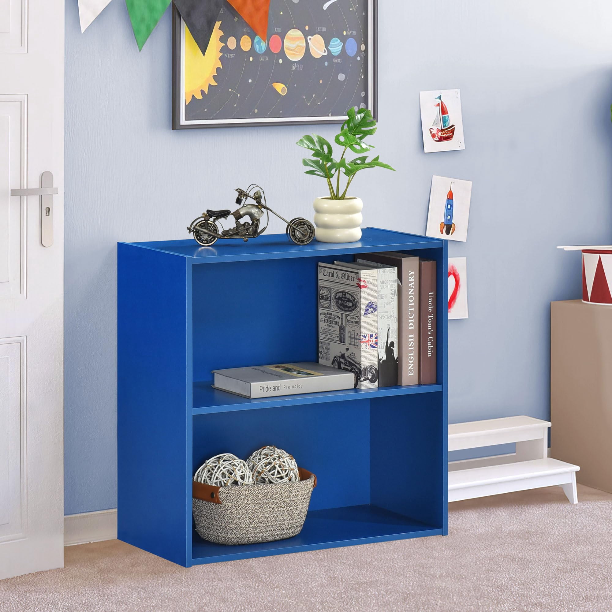Kings Brand Furniture George 2-Tier Bookcase Storage Organizer - Wooden Shelf Organizer for Bedroom, Nursery, School or Home Office (Blue)