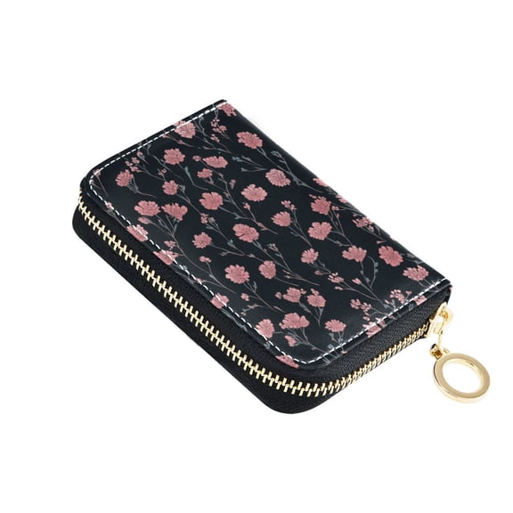 Tiny Pink Florals on Dark Background Women's Credit Card Holder PU Leather Zipper Wallet RFID Blocking