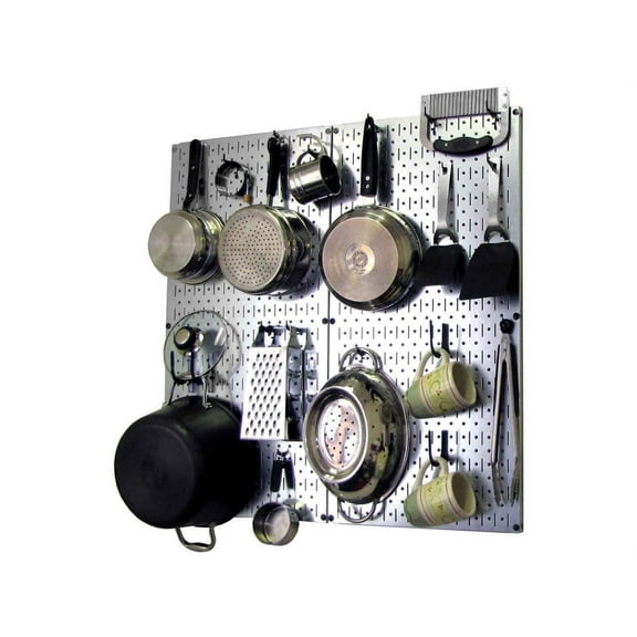 Wall Control Kitchen Pegboard Organizer Pots and Pans Pegboard Pack Storage and Organization Kit with Metallic Silver Pegboard and Black Accessories