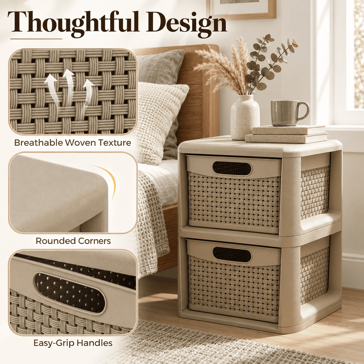 Furnibear 2-Drawer Storage Organizer with Wicker Patterns for Bedroom Bathroom Closet Living Room Nursery Clothes Storage, Brown