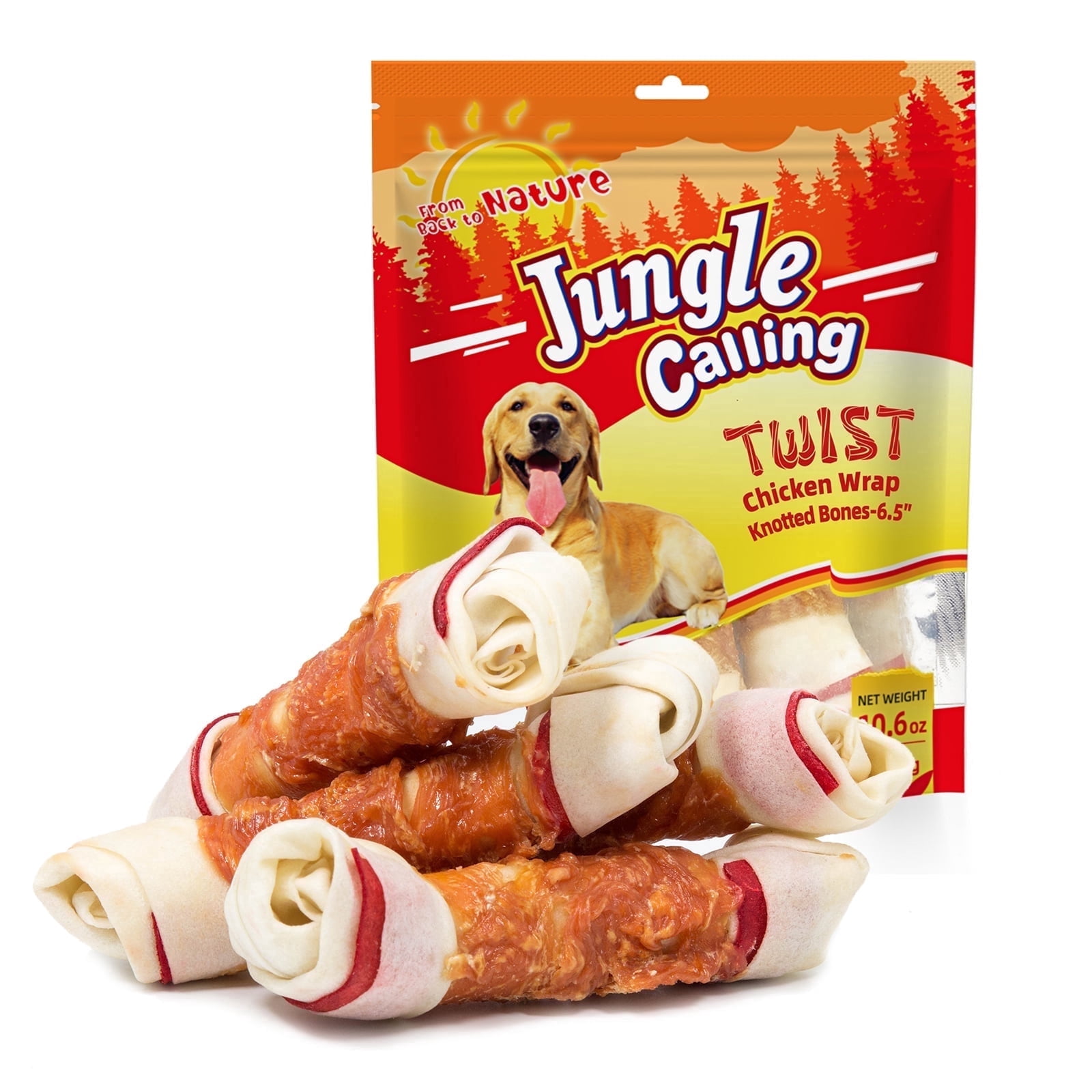 (5 pack) Jungle Calling Chicken Wrap Knotted Bones Dog Chews, Long Lasting for Large Dogs Training Treats