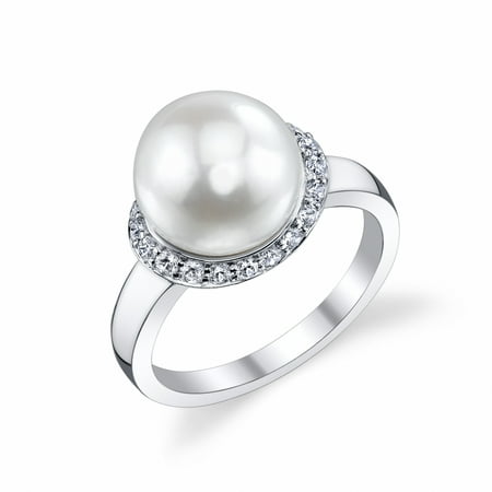 10 Mm Pearl Ring - 10mm White Freshwater Cultured Pearl & Crystal Sparkling Ring
