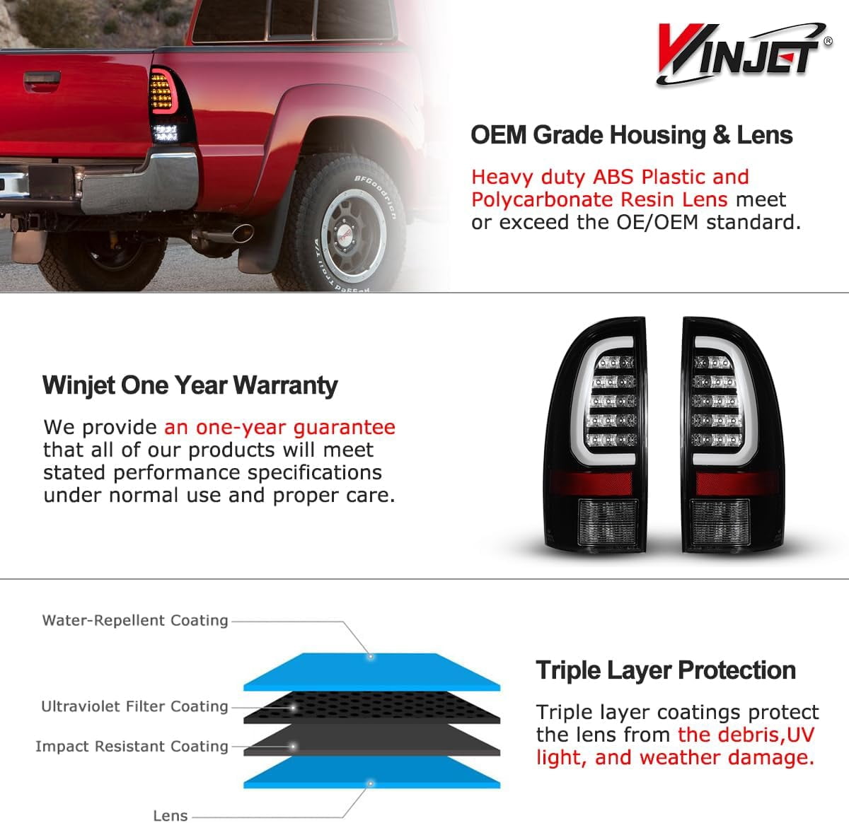 Winjet LED Tail Light Assembly Fit For 2005-2015 Toyota Tacoma,Full Led Taillight Replacement w/Yellow Sequential Turn Signal/Running/Brake/Reverse Light (Black Housing Clear Lens)