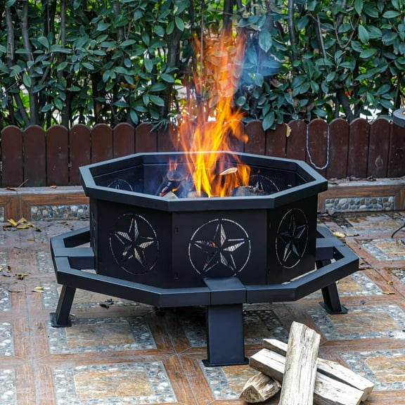 MistMo Octagon Wood Fire Pit, 35" Metal Outdoor Firepit for Patio Party Black