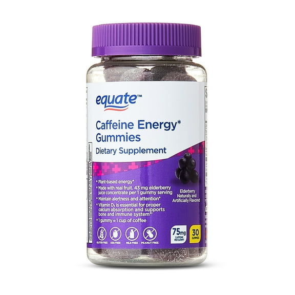 Equate Caffeine Energy Gummies Dietary Supplement, 75mg, Elderberry Flavor, 30 Count