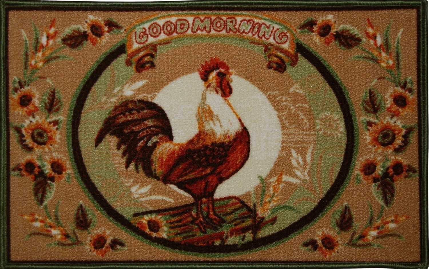 LIVING CLASSICS GOOD MORNING ROOSTER KITCHEN HALF MOON SLICE RUG NON SKID BACK 