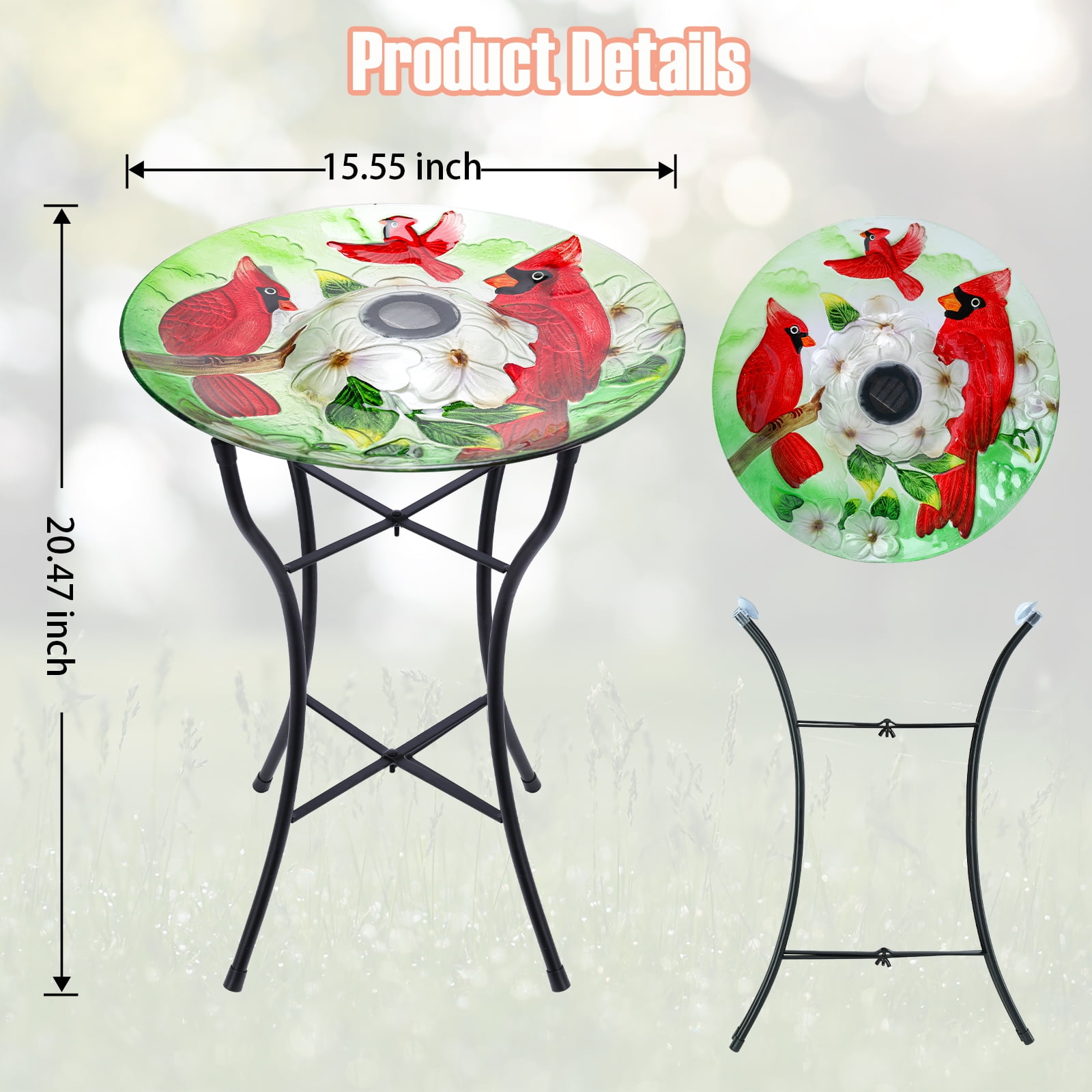Outdoor Bird Bath, Solar Bird Bath, Red Bird Pattern, with Metal Stand, Attracts Birds,for Garden,Lawns,Patio