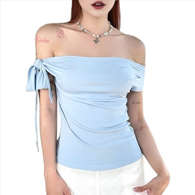 Tops Cortos con Hombros Descubiertos y Doble Forro para Mujer 2025, Tops Asimétricos Sin Mangas Y2K para Salir Azul M