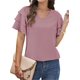 thumbnail image 1 of Camisetas de manga con volantes multicapa para mujer, Camiseta holgada informal, cómoda, cuello en V, Color sólido, Verano, 1 of 4
