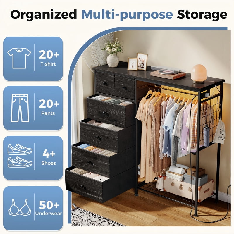 BEAUTYPEAK 6-Drawer Fabric Dresser with Hanging Rack LED Lighting Built-in Charging Station Multi-Purpose Closet, Wood Grain Black