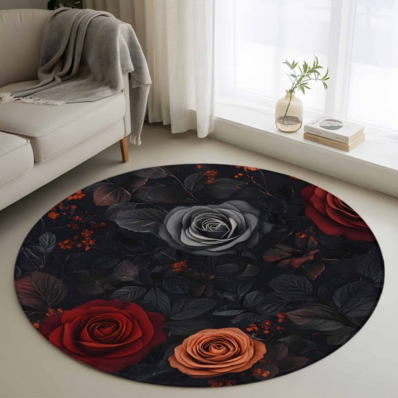 Red Orange Roses Round Rug 3ft Washable Circle Entryway Rugs Non Slip Elegant Romantic Flowers Pastoral Area Rug Indoor Floor Carpet for Bedroom Kitchen Living Room Home Office Dining Room Nursery