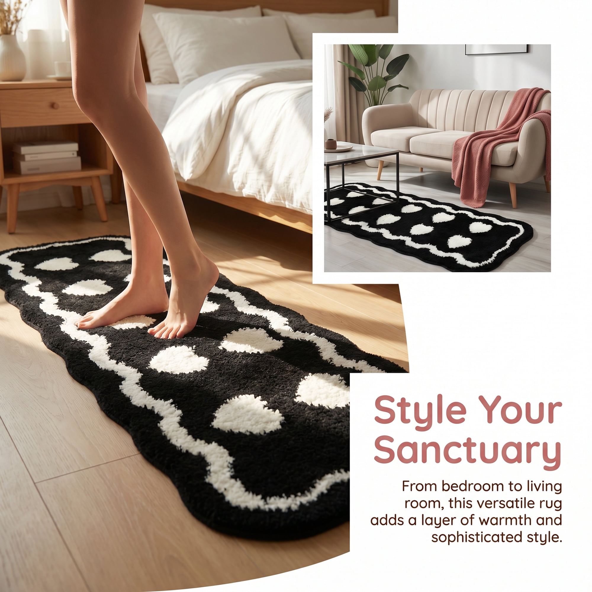 Unique Bargains Extra Long Shaggy Faux Fur Non-Slip Plush Rug Black Love 47" x 16"