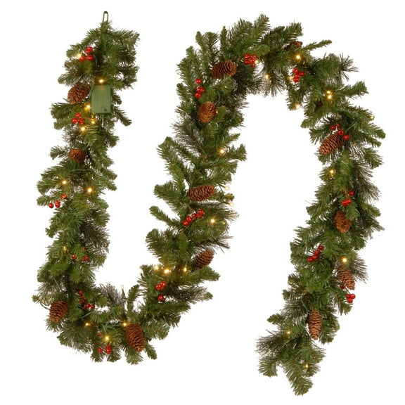 9 FT Pre-Lit Artificial Christmas Garland, Christmas Decoration with Glitter, Pine Cones, Red Berries, 50 Clear Lights, Realistic Evergreen Pine Spruce for Table, Mantel, Wall, Indoor, Outdoor Decor