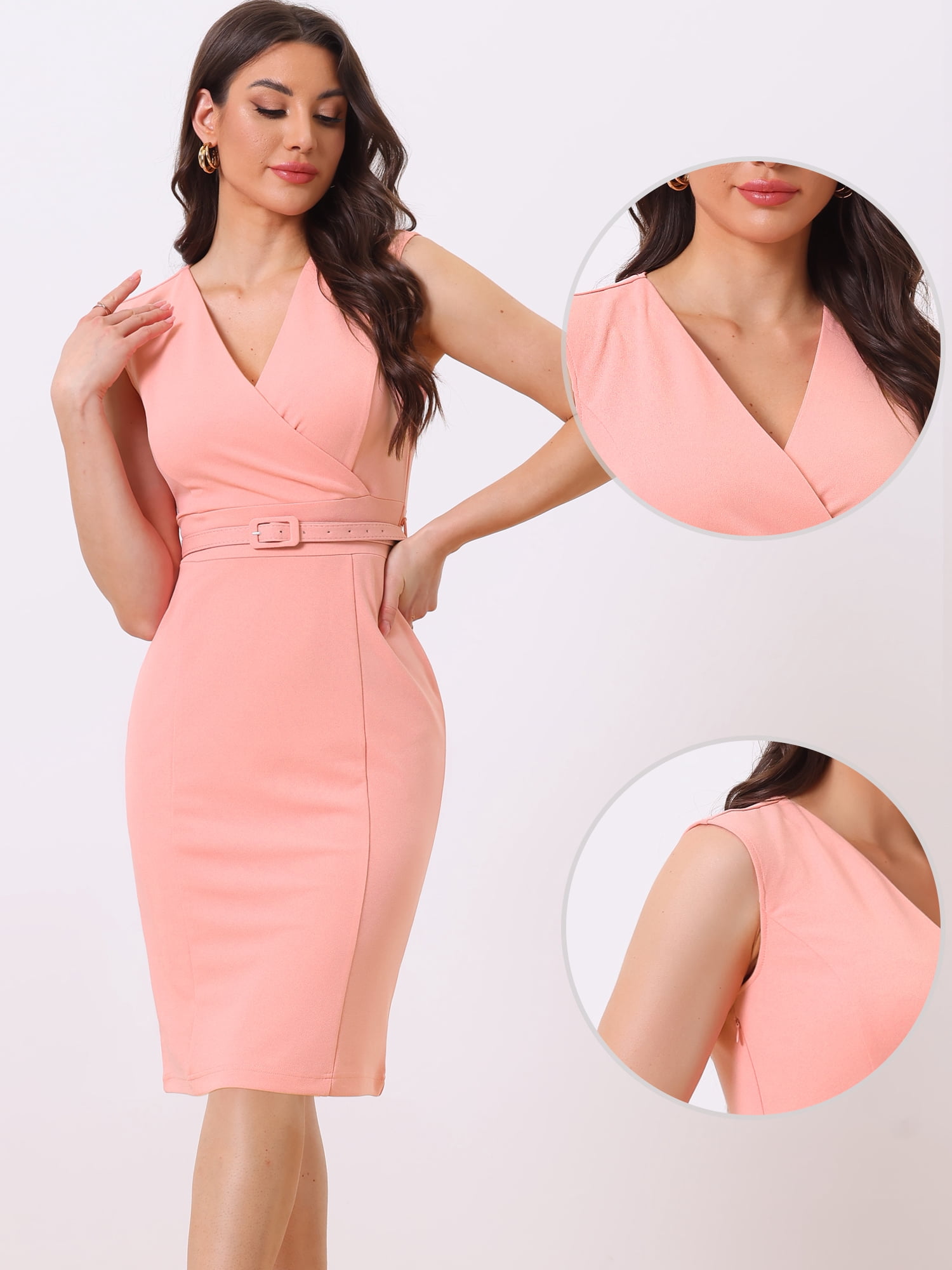 DARING DIVA Pencil Sleeveless Wrap V Neck Belted Office Dresses XL Coral Pink