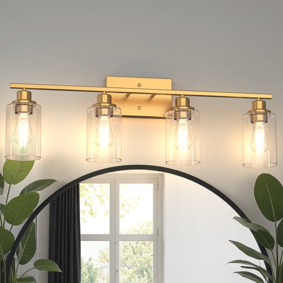 YANSUN 32 in 4-Light Gold Industrial Bathroom Vanity Light with Clear Glass Shades, for Master Bath, Guest Bathroom, Powder Room or Bedroom