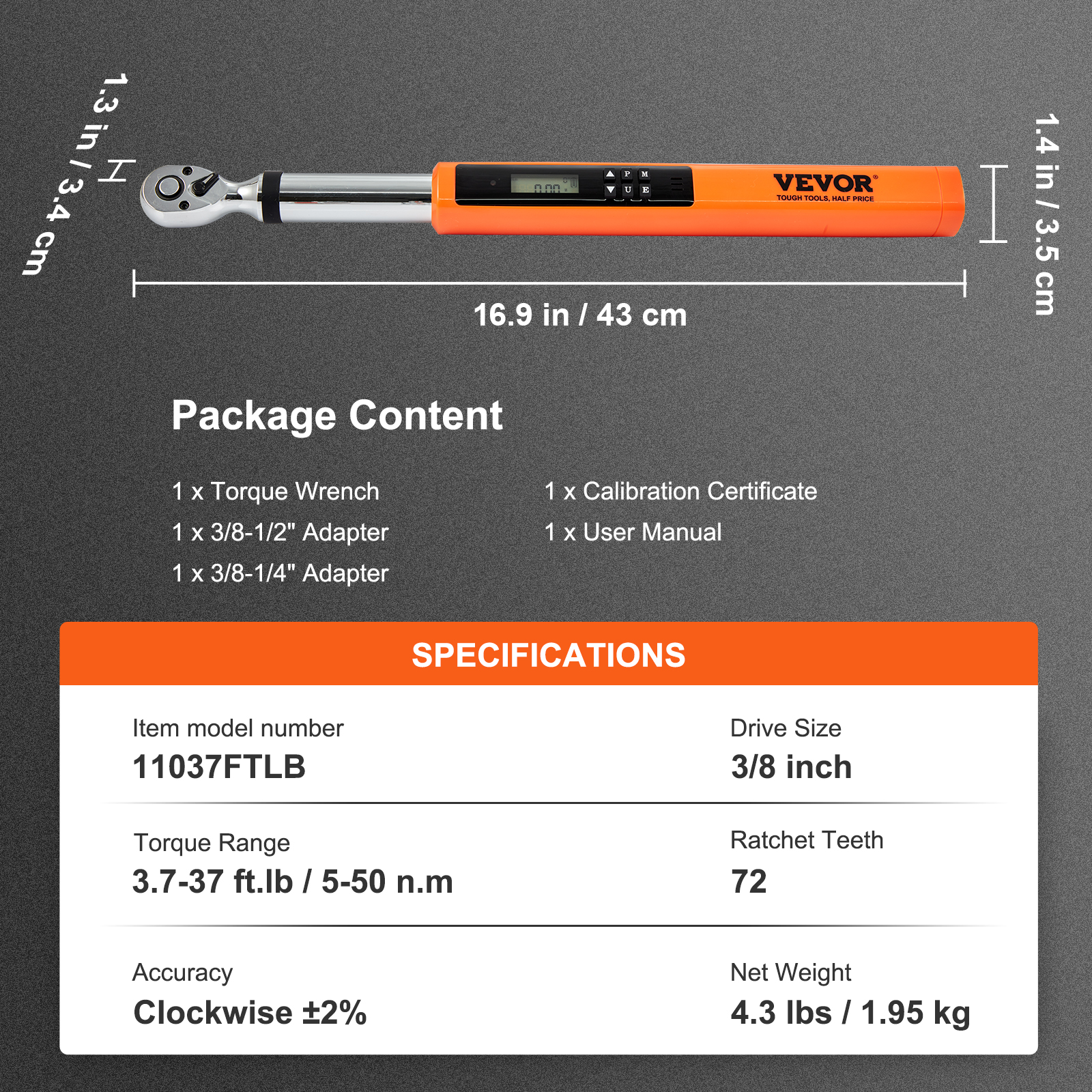 VEVOR Digital Torque Wrench, 3.7-37ft.lb/5-50n.m 3/8" Drive Electronic Torque Wrench, Torque Wrench Kit Torque Range Accurate to ±2%, 3-Mode Adjustable Torque Wrench Set with LED Buzzer Calibration