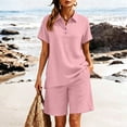thumbnail image 5 of Costeam Womens 2 Piece Linen Blend Co Ord Set Notch Collar Button V Neck Short Sleeve Top Dual Side Pockets Elastic Waist Shorts Solid Color Summer Two Piece Outfit, 5 of 8