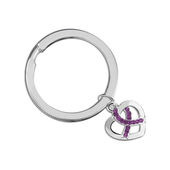 Purple Ribbon Crystal Heart Split Style Keychain Ring