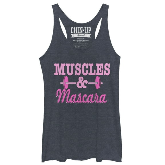 Women's CHIN UP Barbell Muscles and Mascara  Racerback Tank Top Navy Blue Heather X Large