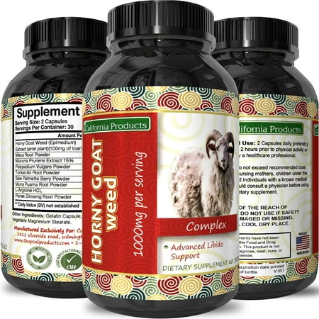 California Products Goat Weed Supplement for Energy Enhancement and Improved Stamina Natural Energy Booster 1000 mg Goat Weed Epimedium Extract with Maca Root Tongkat Ali Ginseng 60