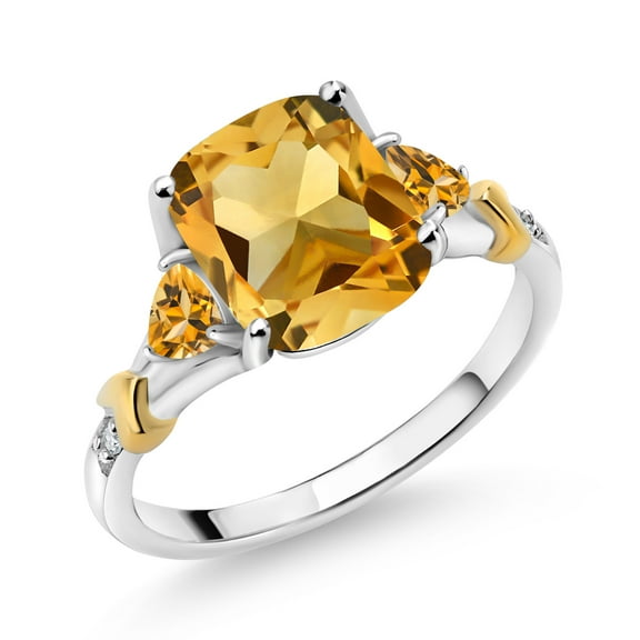 Gem Stone King 3.14 Ct Cushion Yellow Citrine 925 Silver and 10K Yellow Gold Diamond Ring (Size 8)