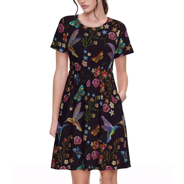 Disketp Humming Bird And Tropical Flowers para Vestido de Manga Corta para Mujeres, Vestidos de Verano para Mujeres, Casual y Holgado para la Playa