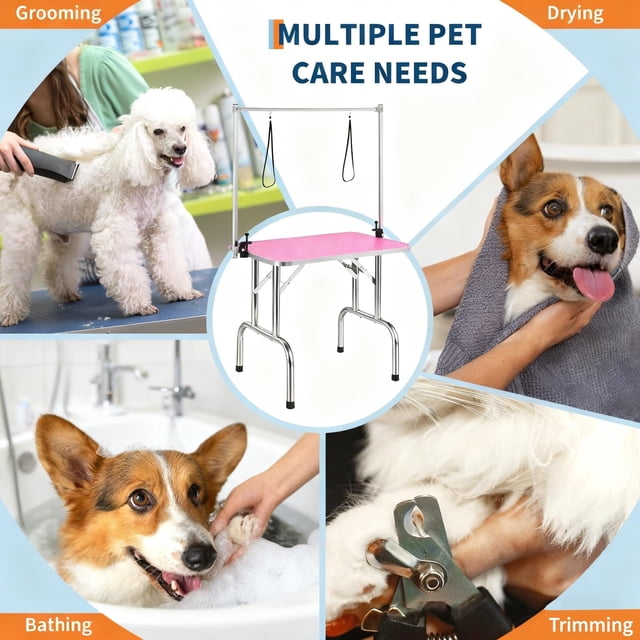 EDTara Table de Toilettage pour Chien Pliable Robuste, Station de Toilettage pour Animaux Réglable avec Cadre en Acier Inoxydable Robuste, Bras, Corde de Toilettage et Étagère de Rangement