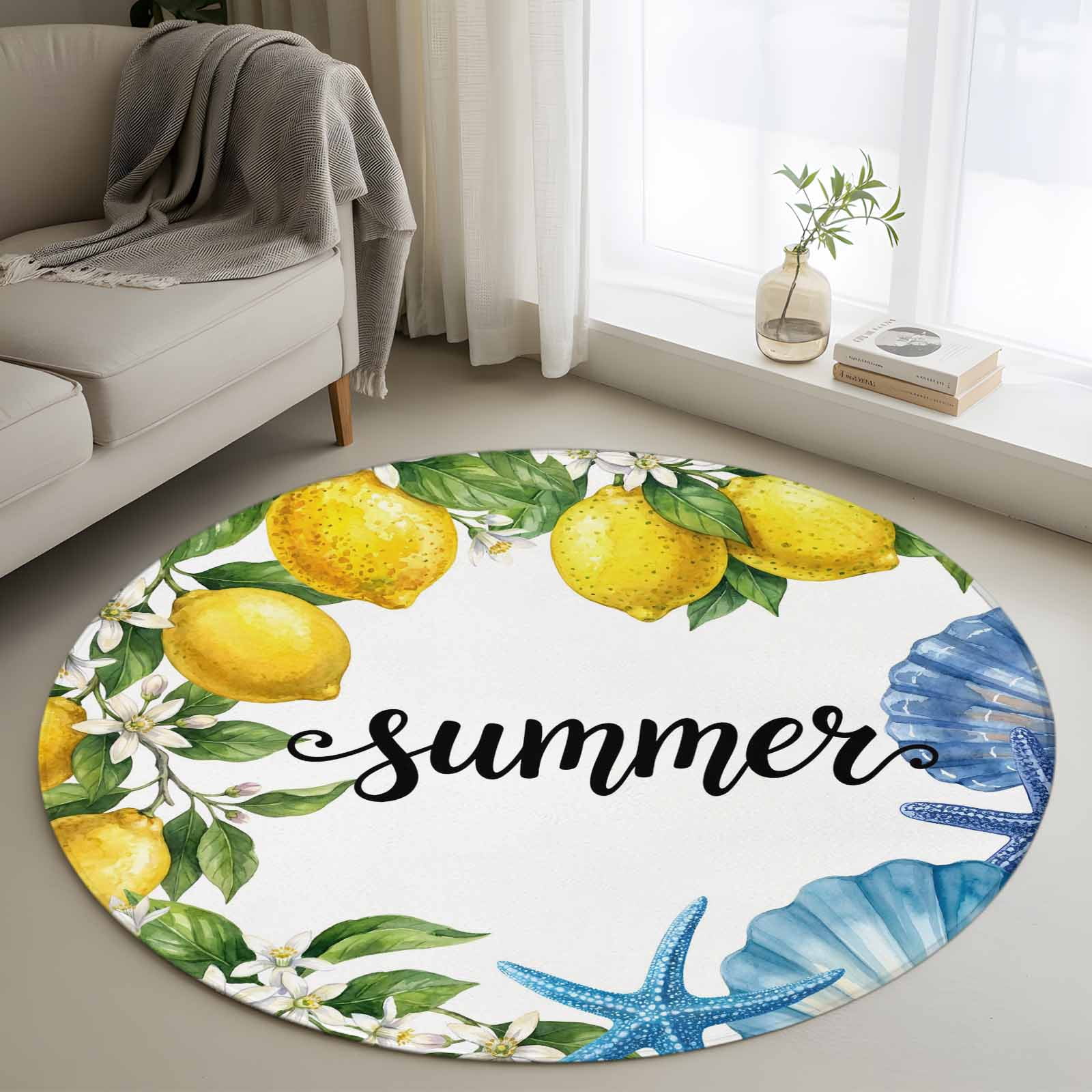 Summer Lemon Round Living Room Rugs 4 ft Watercolor Oceans Blue Shells Starfish Flower Farmhouse Washable Area Rug Non-Slip Sturdy Edge Binding Round Carpet for Entryway Kitchen Bedroom Bathroom