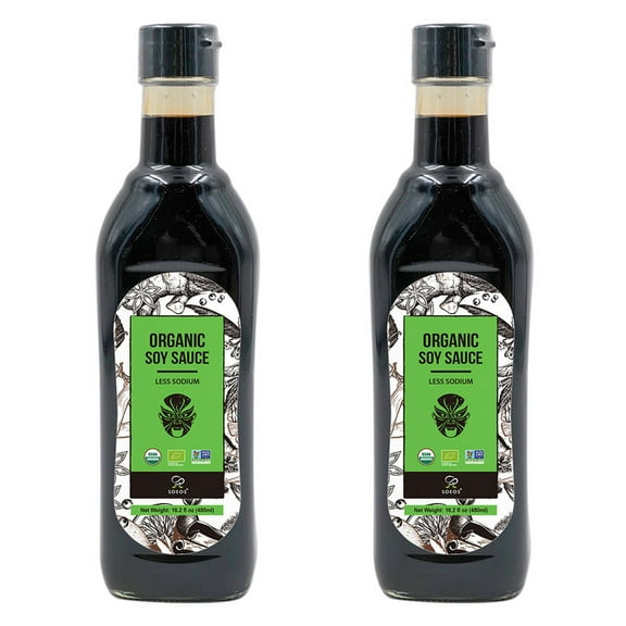 Soeos Organic Low Sodium Soy Sauce, 32.4 fl oz Total, Naturally Brewed, Less Salt, Rich Umami Flavor