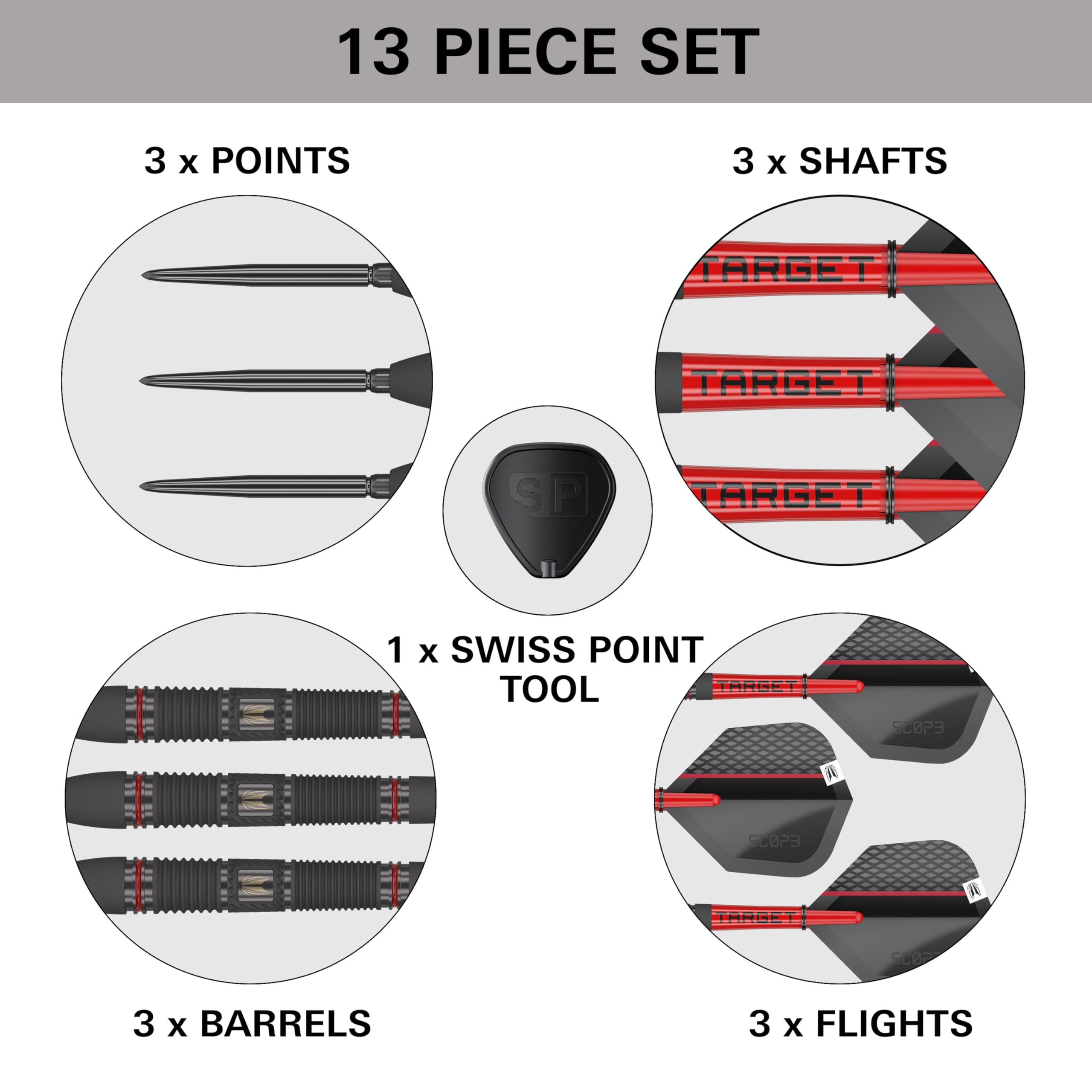 Target Darts Scope Steel Tip Swiss Point Darts, 90% Tungsten Dart Set, Barrel 02-25G | Steel Tip Dart Sets, Red & Black Darts, Professional Dart Set with Swiss Points & Tool