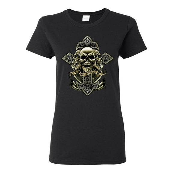 Brotherhood Biker Motorcycles Cross and Skull Pop Culture Womens Graphic T-Shirt, Black, Small
