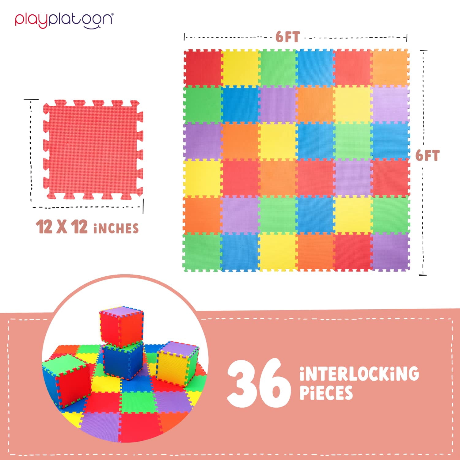 Non-Toxic Extra-Thick 36 Piece Children Play & Exercise Mat - Comfortable Cushiony Foam Floor Puzzle Mat, 6 Vibrant Colors for Kids & Toddlers