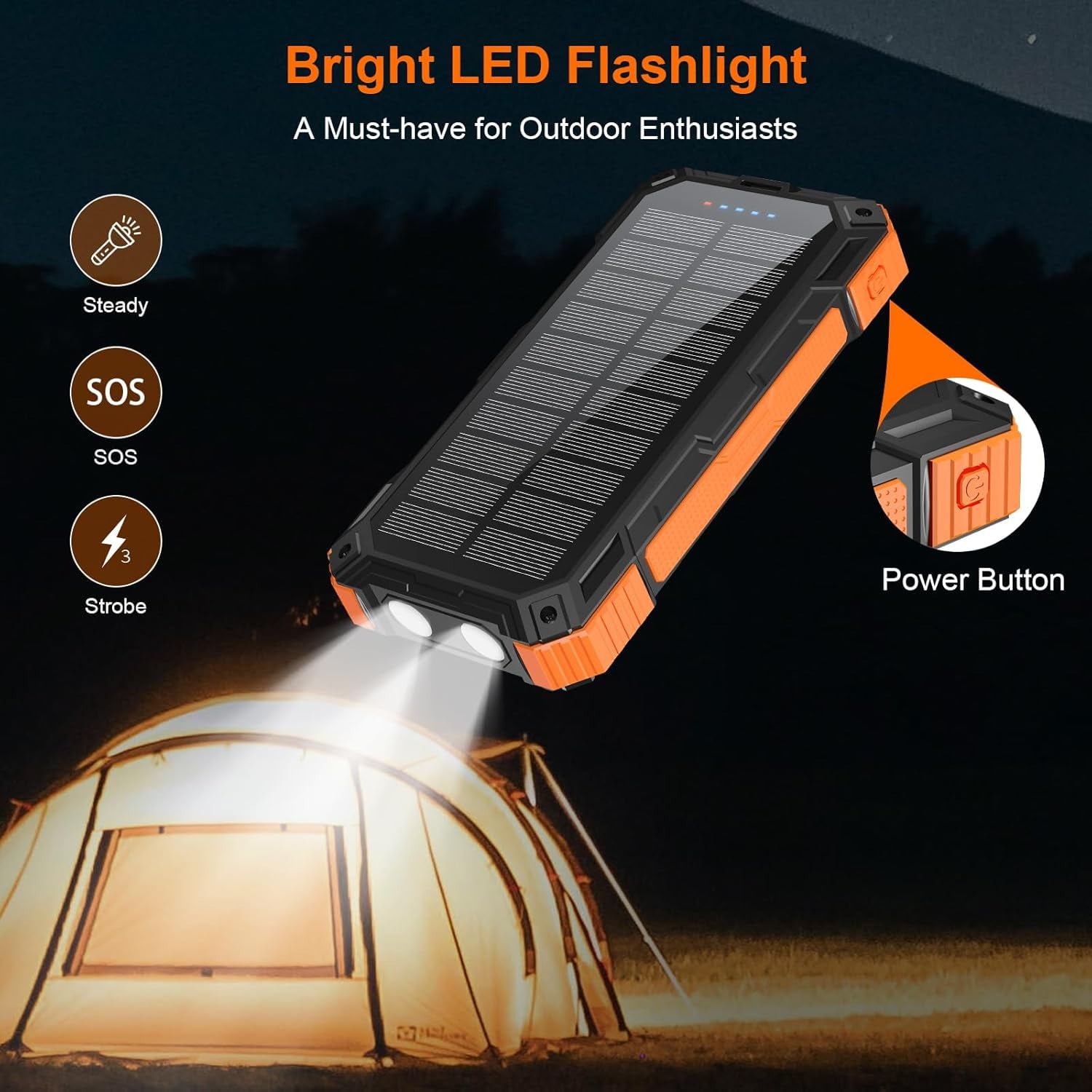 Power Bank Wireless Charger 20000mAh Built in 4 Cables Six Outputs 15W Fast Charging Power Bank for All Mobile Devices Three Inputs Solar Portable Charger with Dual Flashlights, Carabiner