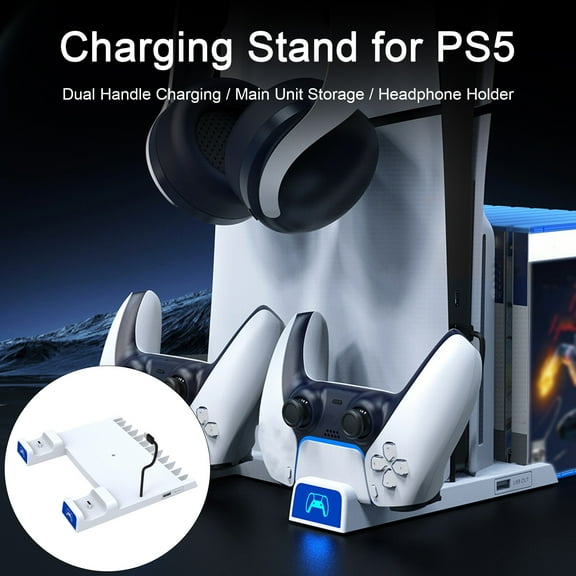 Joernso Game Console Charging Stand Multifunctional Dual Gamepad Charger Disc Holder with Headphone Hanging Hook Charging Dock for PS5/for PS5 Slim
