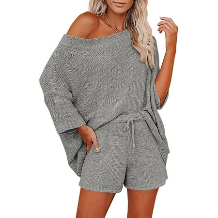 

Women s Spring And Autumn Two-Piece Jacket + Shorts Thin Knitted Pajamas Set