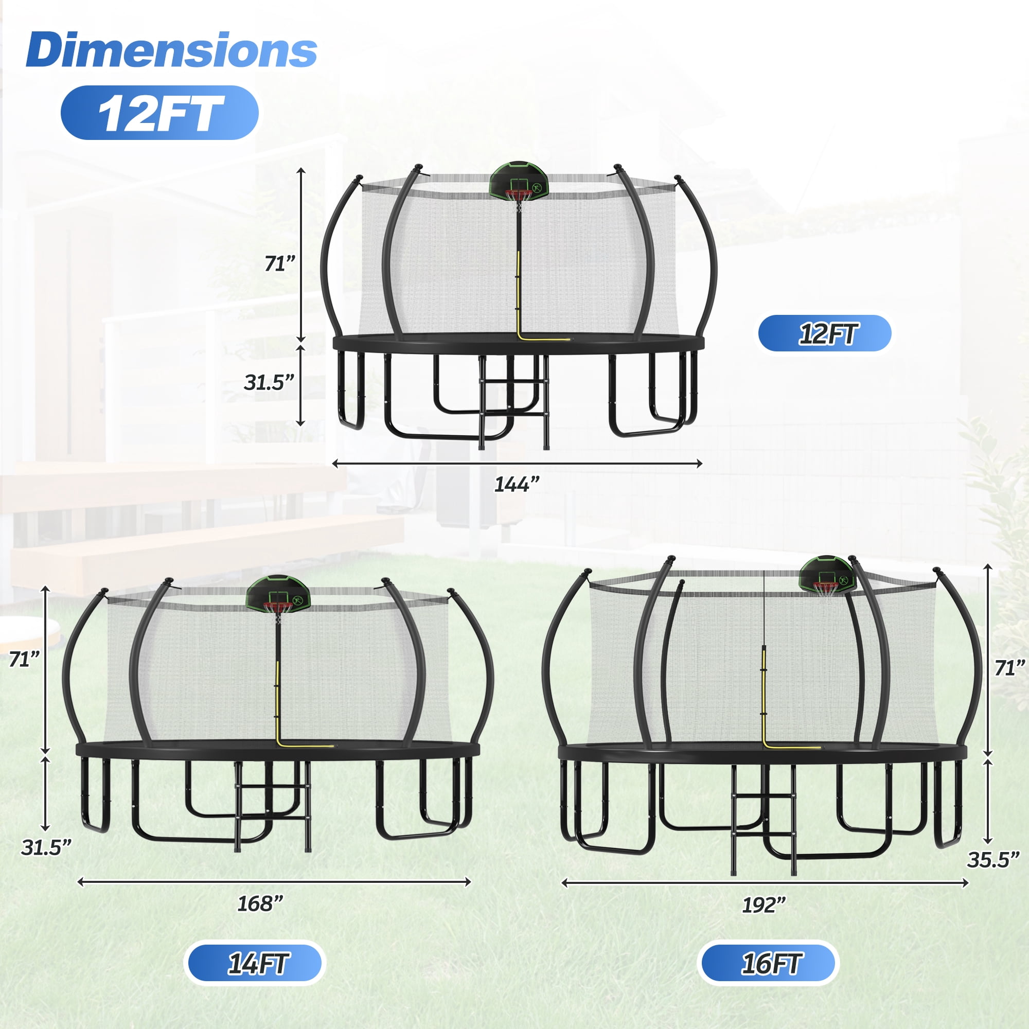 12FT Trampoline with Basketball Hoop, Round Outdoor Trampoline with Enclosure Net & Curved Poles & Ladder
