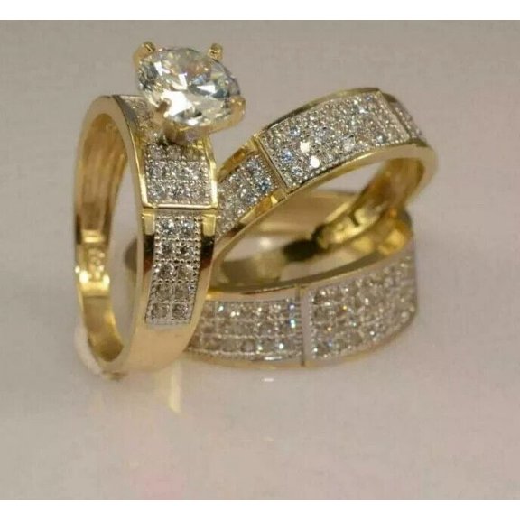 Hitanshu Jewels Gift For Womens & Mens Trio Set Ring Round Cut Cubic Zirconia Solitaire 14K Yellow Gold Finish