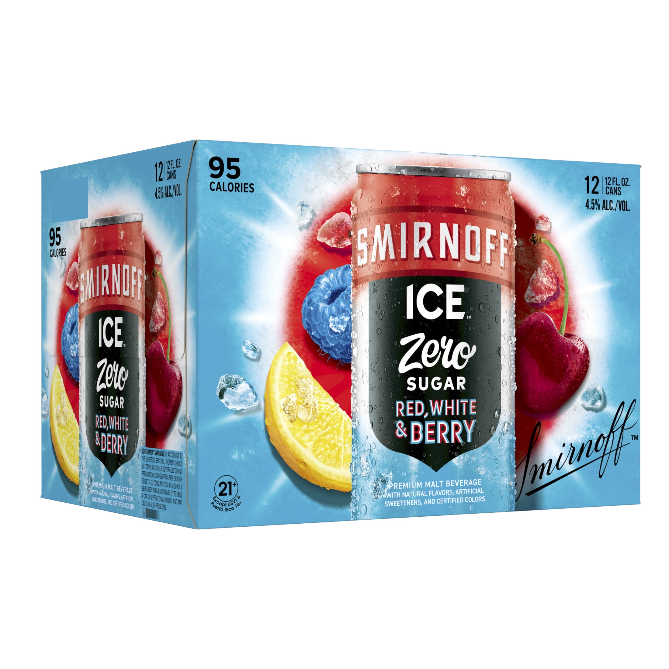 Smirnoff Ice Zero Sugar Red White and Berry, 12 Pack Cans, 12 fl oz, 4.5% ABV