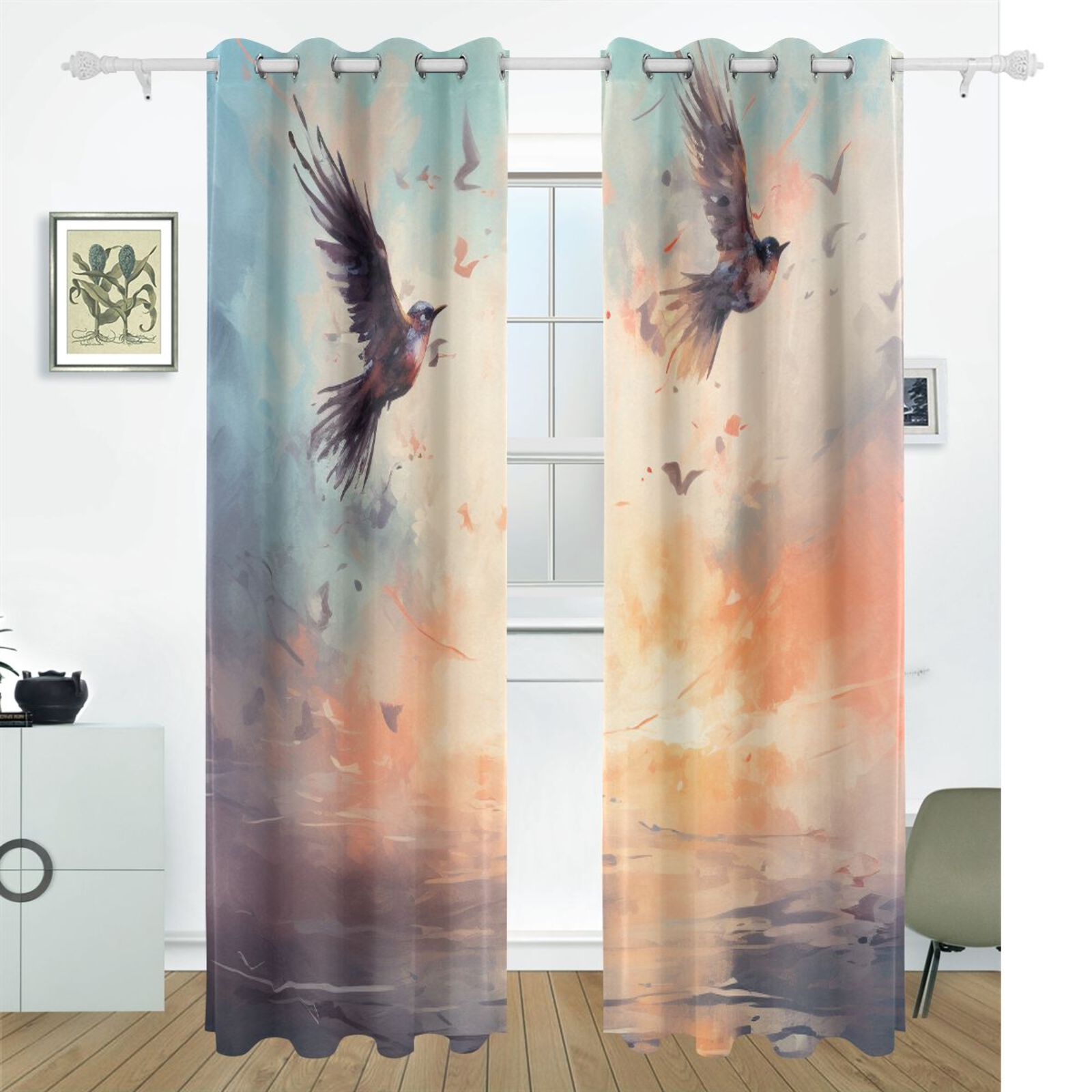 Birds Sky Painting Black Out Curtains 72 Inch Length Curtains for Sliding Glass Doors Bedroom Living Room 2 Pack