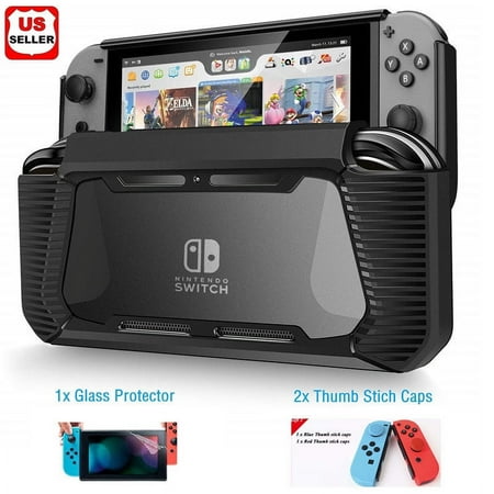 Hybrid Case for Nintendo Switch Rugged Rubberized Snap on Hard Cover TPU + 2pcs thumb grips caps + 1pc H9 glass screen protector