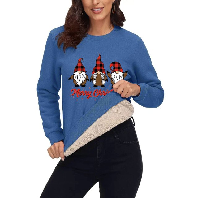 Diufon Chandails en Molleton de Noël pour Femmes en Polaire Épaissie Chaude à Manches Longues Col Rond Chandail Imprimé Mignon