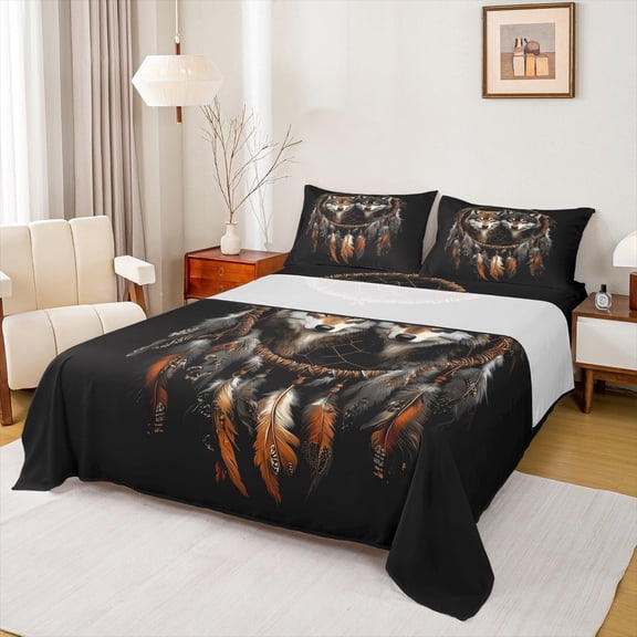 Manfei Safari Wolf Twin Sheet Sets 3pcs, Bohemian Dreamcatcher Twin Fitted Sheet, Wild Animal Flat Sheet, Microfiber Bedroom Decor