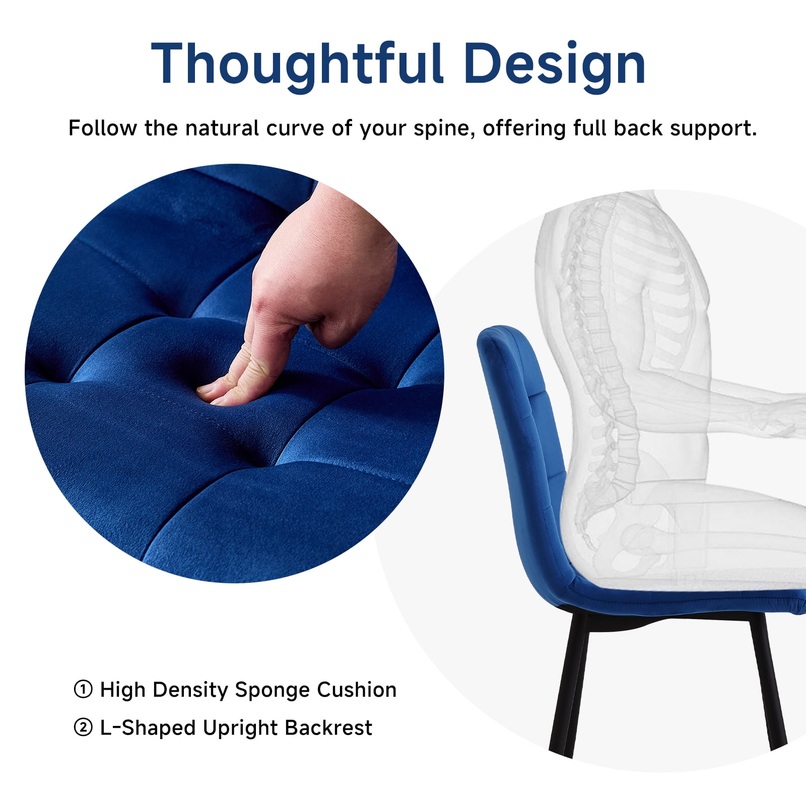 Set of 4 Velvet Dining Chairs - Mid Century Modern Dinning Chair, Upholstered Cushion Seat, Square-Patterned Backrest, Blue, Dinner Chairs with Metal Legs for Dining Living Room, Bedroom(Only Chairs)