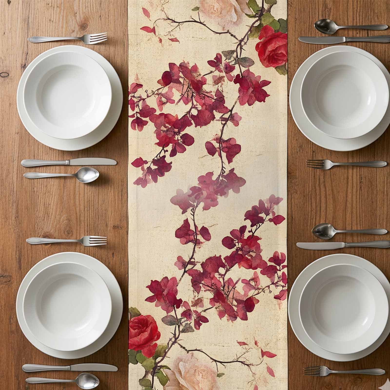 Spring Red Rose Table Runner 13x90 inch Country Watercolor Red Floral Green Leaf Linen Cotton Linen Dining Table Runner Ideal for Dresser Kitchen Coffee Tables - Machine Washable