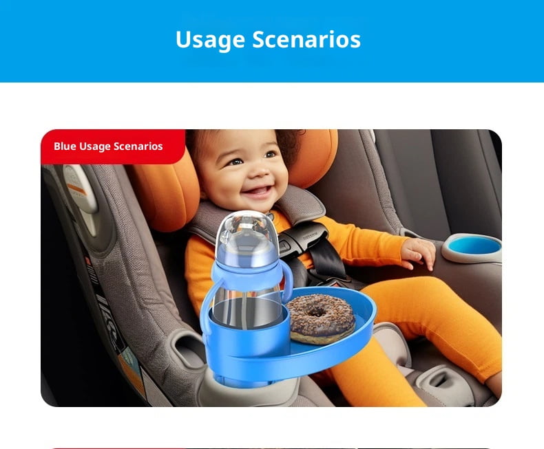 Car Seat Snack Tray: Travel Tray for Kids Carseat Cup Holder with Food Trays, Stroller Snacks Plate for Toddlers, Kid Road Trip Essentials, Blue
