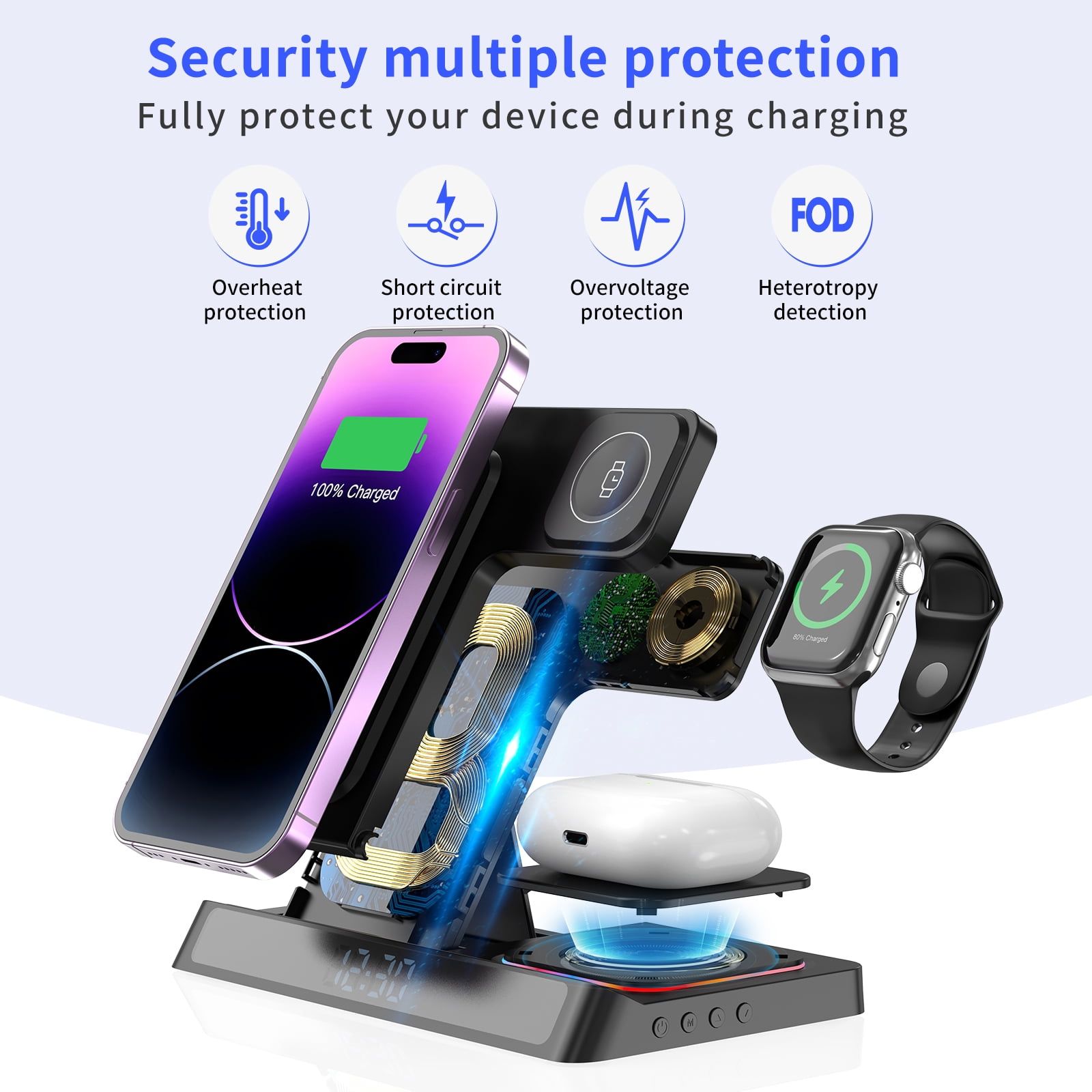 Wireless Charger iPhone ,Foldable 4 in 1 Fast Charging Station for Apple iWatch , Airpods ,iPhone with Clock and QC3.0 Adapter Black