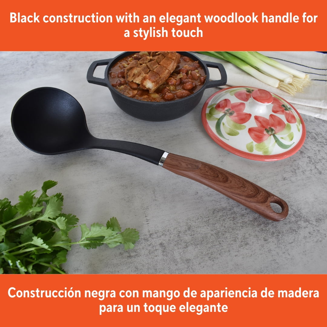 (2 pack) IMUSA Nylon Black Cooking Ladle with Woodlook Handle