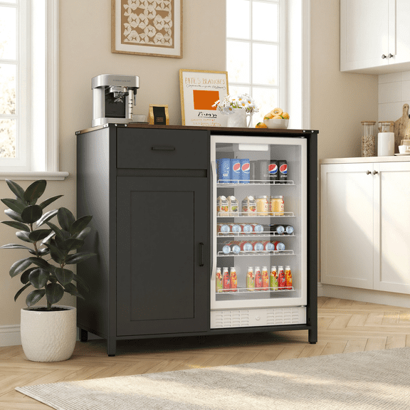 Vicluke Mini Fridge Cabinet with Power Outlets, Coffee Bar Cabinet with Fridge Space & Storage Drawer, Wine Bar Cabinet Buffet Sideboard Table for Kitchen, Dining Room or Living Room, Black